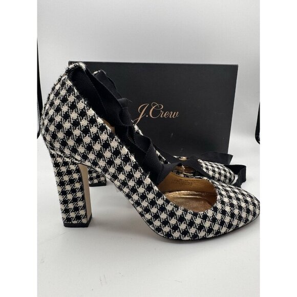 J. Crew Houndstooth Pumps Size 9 Made In Italy Ankle Wrap Bow Ribbon Heels Shoes - Picture 9 of 16